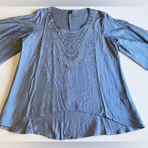 Curve Blue Bell Sleeve Boho Tunic with Lace Neckline 1X